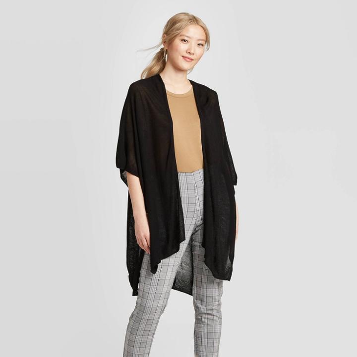 Women's Light Weight Open Knit Ruana - A New Day Black One Size, Women's