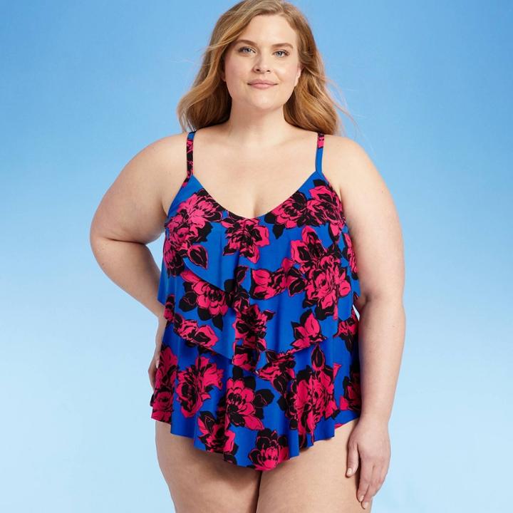 Women's Plus Size Tiered Tankini Top - Aqua Green Burgundy X