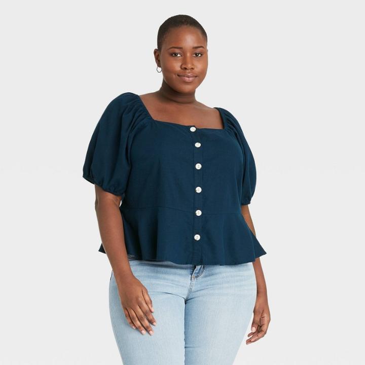 Women's Plus Size Puff Short Sleeve Peplum Blouse - Universal Thread Navy