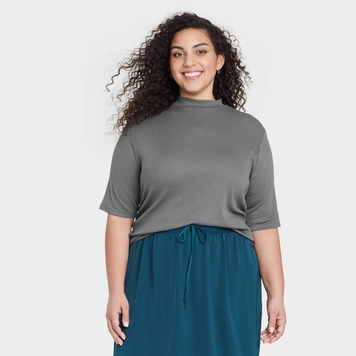 Women's Plus Size Elbow Sleeve Mock Turtleneck T-shirt - A New Day Gray