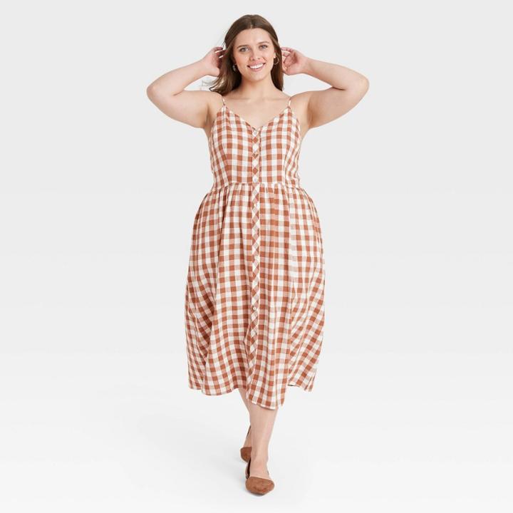 Women's Plus Size Gingham Sleeveless Button-front Dress - A New Day Brown