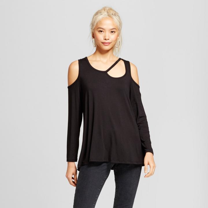 Women's Long Sleeve Cold Shoulder Asymmetrical Cutaway Top - Alison Andrews Black