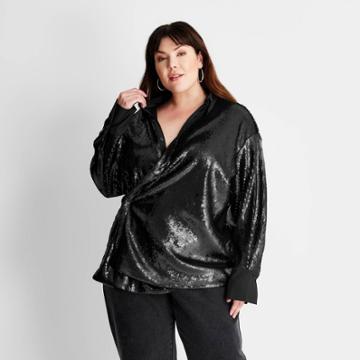 Women's Plus Size Long Sleeve Sequin Button-down Shirt - Future Collective With Kahlana Barfield Brown Black