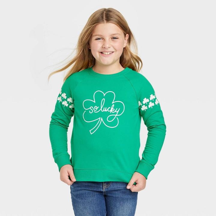 Girls' 'so Lucky' Pullover Sweatshirt - Cat & Jack Bright Green