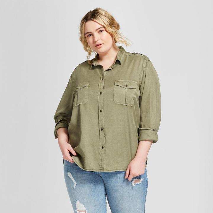 Women's Plus Size Long Sleeve Soft Twill Shirt - Universal Thread Olive (green)