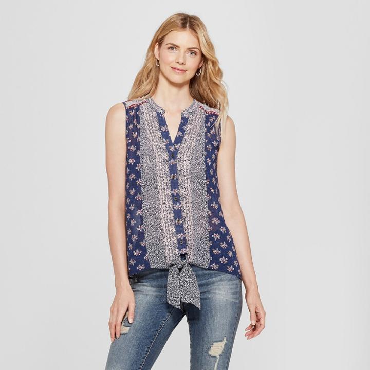 Women's Embroidered Tie Front Print Tank - Knox Rose Navy