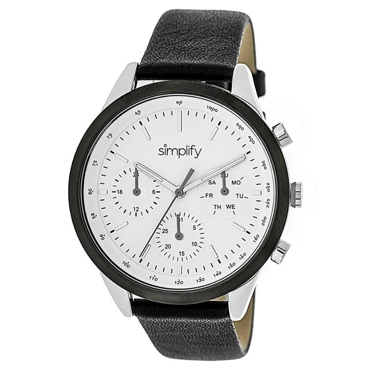 Simplify The 3800 Men's Multi - Function Leather Strap Watch - Silver/silver/black, Black/white