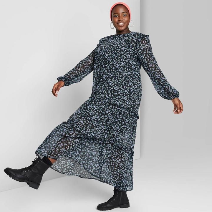 Women's Plus Size Floral Print Long Sleeve Round Neck Tiered Maxi Dress - Wild Fable Black 1x, Women's,
