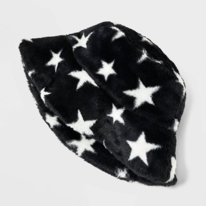 Girls' Star Printed Faux Fur Bucket Hat - Art Class Black