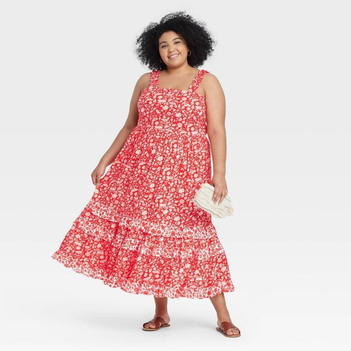 Women's Plus Size Floral Print Smocked Tiered Tank Dress - Universal Thread Red