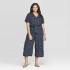 Women's Plus Size Printed Short Sleeve V-neck Tie Front Jumpsuit - Universal Thread Black