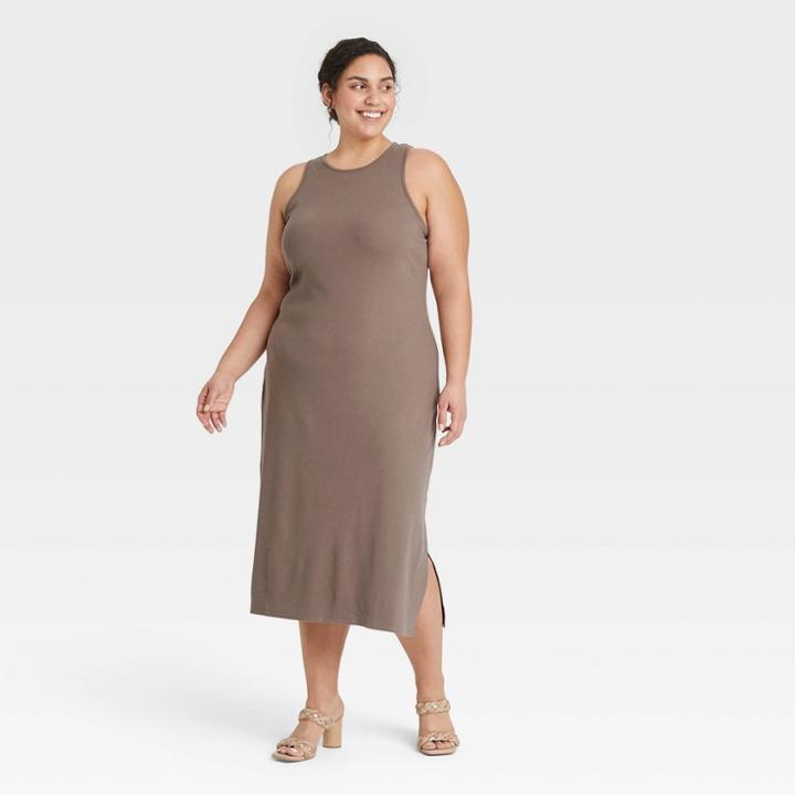 Women's Plus Size Sleeveless Ribbed Dress - A New Day Brown