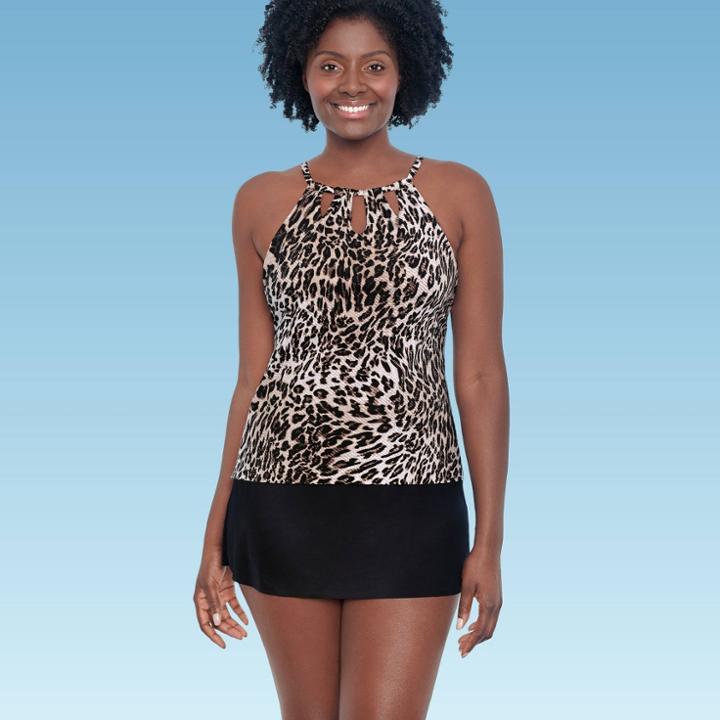 Women's Slimming Control Keyhole High Neck Tankini Top - Dreamsuit By Miracle Brands Black Animal Print