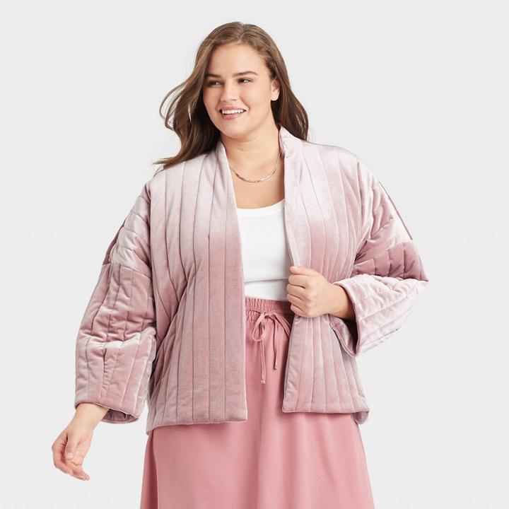 Women's Plus Size Quilted Velvet Duster Jacket - A New Day Pink