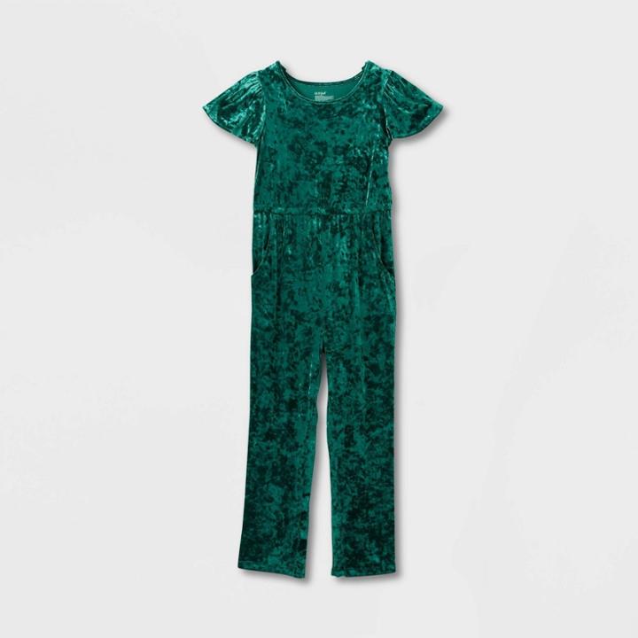 Girls' Adaptive Short Sleeve Velour Jumpsuit - Cat & Jack Green