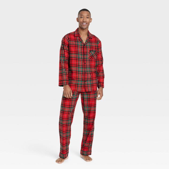 Men's Tall Holiday Tartan Plaid Flannel Matching Family Pajama Set - Wondershop Red