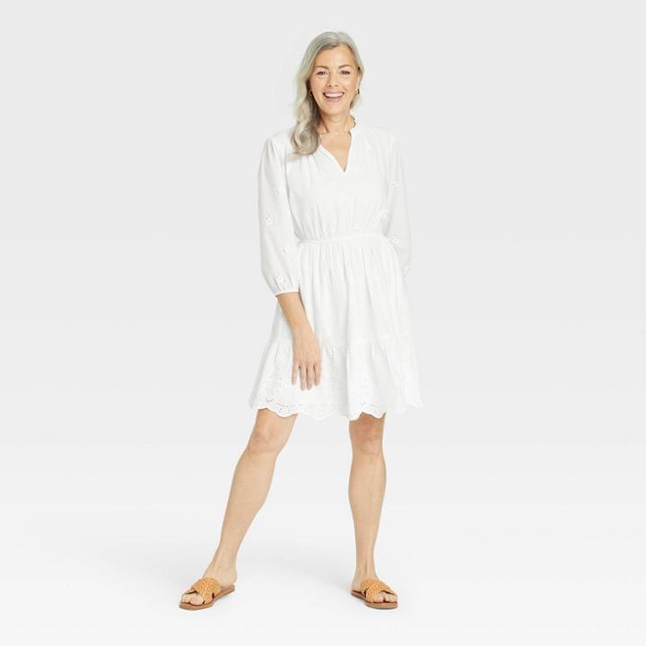 Women's Bishop 3/4 Sleeve Eyelet A-line Dress - Knox Rose White