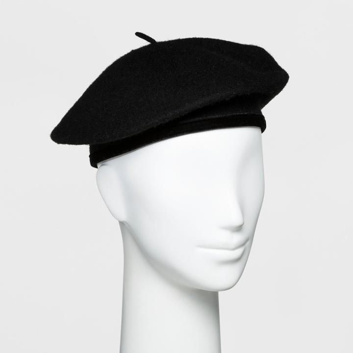 Women's Wool Velvet Trim Beret - A New Day Black