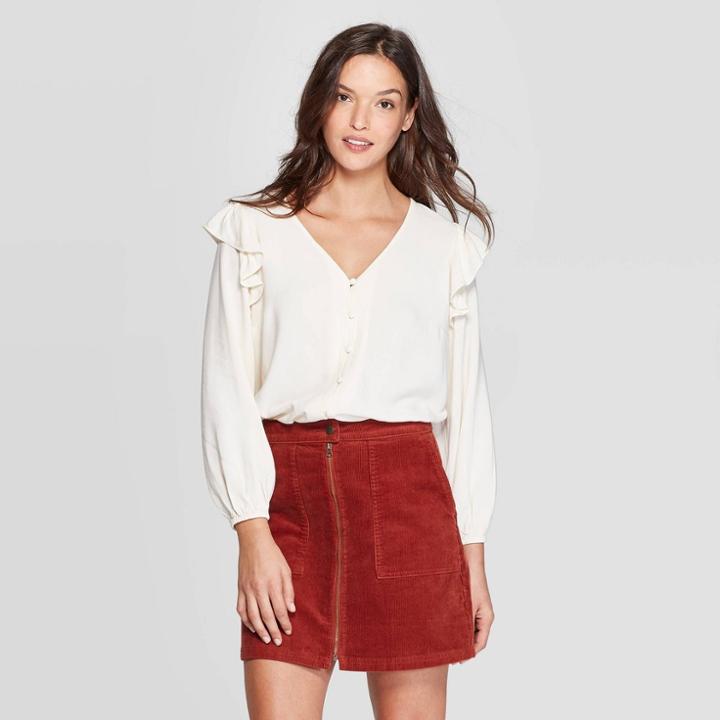 Women's Double Ruffle Long Sleeve Deep V-neck Top - Universal Thread Red