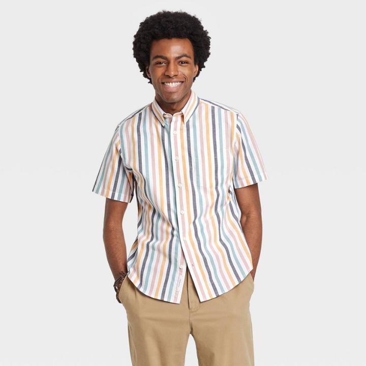 Men's Striped Slim Fit Short Sleeve Button-down Shirt - Goodfellow & Co White/multi