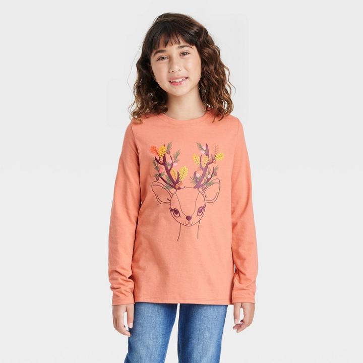 Girls' 'deer' Long Sleeve Graphic T-shirt - Cat & Jack Orange
