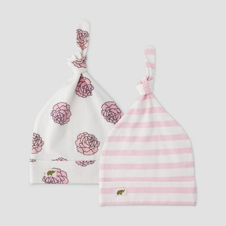 Layette By Monica + Andy Baby Girls' 2pk Floral And Striped Top Knot Hat - Pink