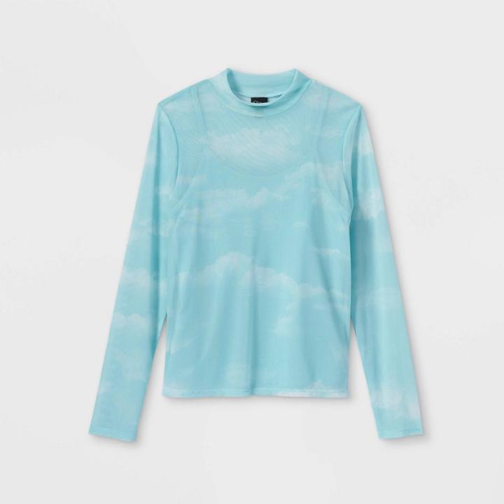 Girls' Mock Neck Long Sleeve Mesh Top - Art Class Blue