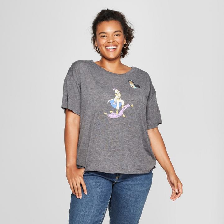 Women's Disney Plus Size Short Sleeve Aladdin And Jasmine Graphic T-shirt (juniors') Charcoal