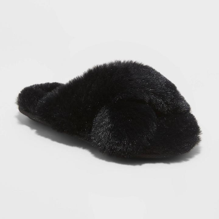 Girls' Brooklyn Crossband Fur Slippers - Cat & Jack Black