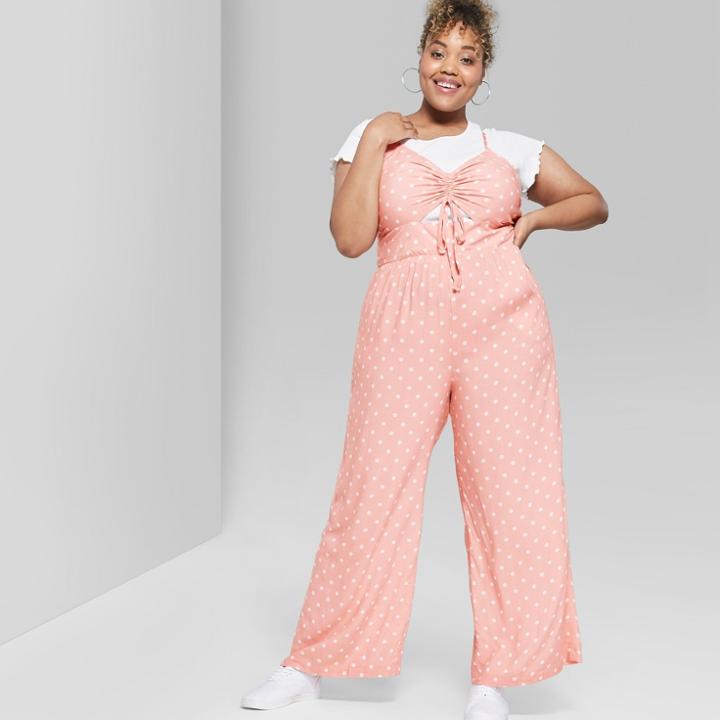 Women's Polka Dot Plus Size Strappy Ruched Front Cutout Jumpsuit - Wild Fable