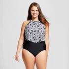 Surfside Women's Plus Size Tribal Flounce Scarf Tankini - Black