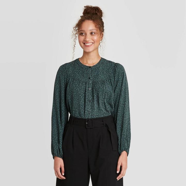 Women's Leaf Print Long Sleeve Everyday Blouse - A New Day Green