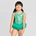 Toddler Girls' Mermaid Scale Bow Back Tutu One Piece Swimsuit Set - Cat & Jack Turquoise 18m, Toddler Girl's, Blue