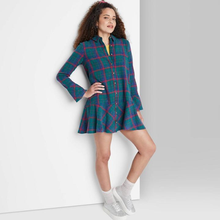 Women's Long Sleeve Shirtdress - Wild Fable Green Plaid