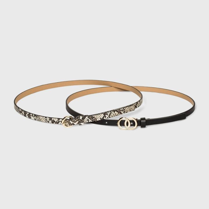 Women's 2pk Double O Ring Buckle Belt - A New Day Black/snake