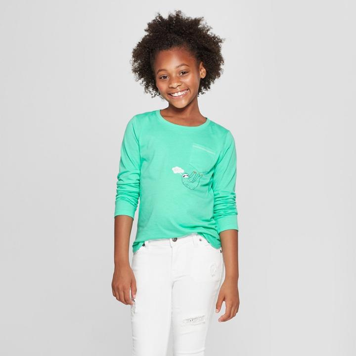 Girls' Sloth Long Sleeve Pocket T-shirt - Cat & Jack Green