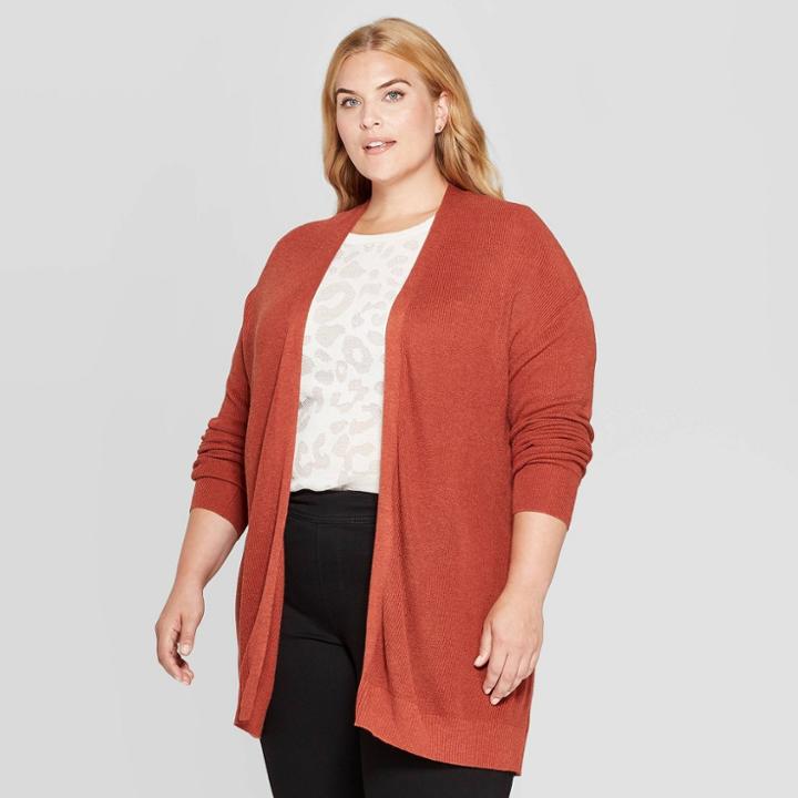 Women's Plus Size Long Sleeve Open Layering Lightweight Cardigan - Ava & Viv Rust Heather
