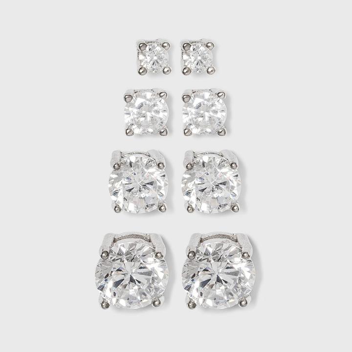 Sterling Silver Cubic Zirconia Quad Multi Size Stud Earring Set 4pc - A New Day Clear