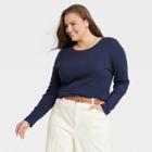 Women's Plus Size Long Sleeve Ribbed T-shirt - A New Day Navy Blue