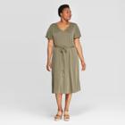 Women's Plus Size Short Sleeve V-neck Sand Wash Knit Dress - Ava & Viv Olive (green) X
