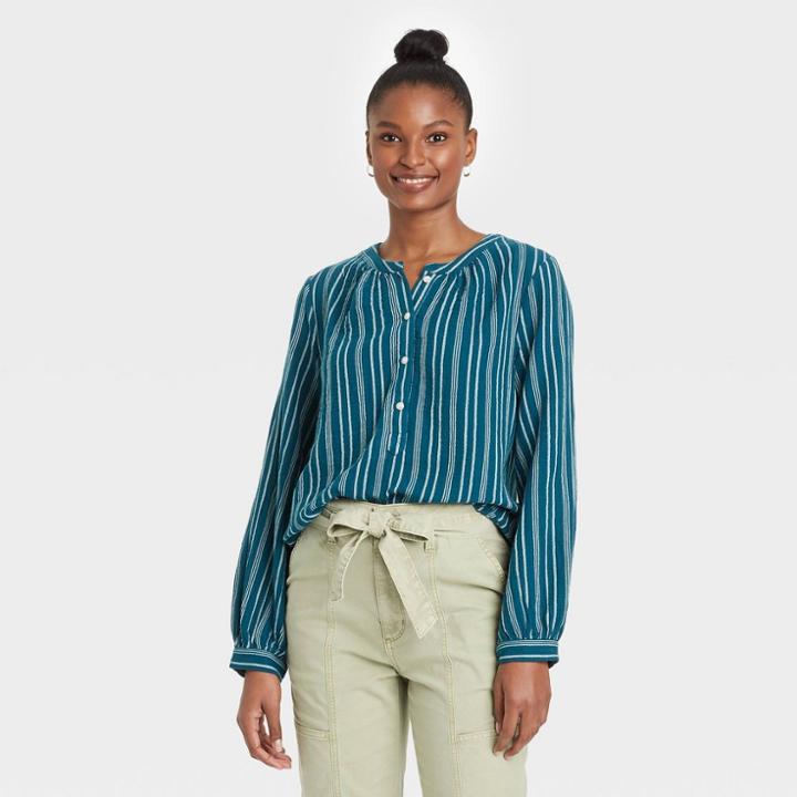 Women's Striped Long Sleeve Half Placket Blouse - Universal Thread Teal