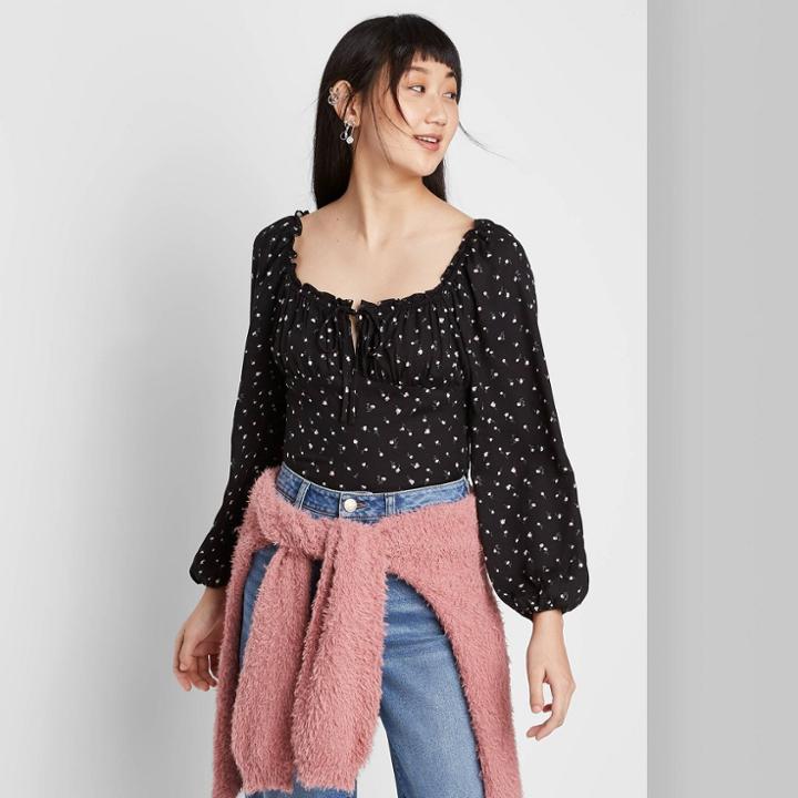Women's Floral Print Long Sleeve Square Neck Woven Top - Wild Fable Black