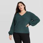 Women's Plus Size V-neck Pullover Sweater - Ava & Viv Green