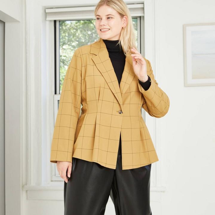 Women's Plus Size Plaid Cinched And Pleated Blazer - Who What Wear Brown