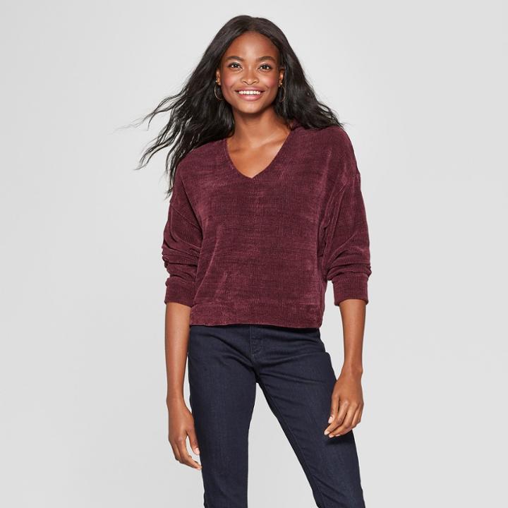 Women's Long Sleeve Chenille Twist Back Pullover Sweater - Xhilaration Fig