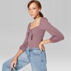 Women's Puff Long Sleeve V-neck Front Knot Top - Wild Fable Plum (purple)