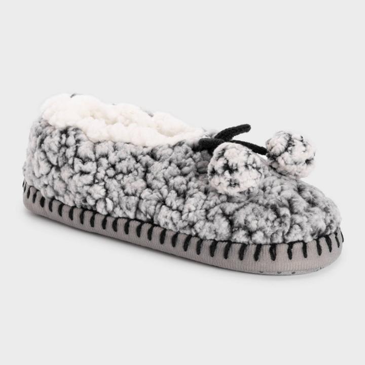 Muk Luks Women's Faux Shearling Ballerina Slipper Socks With Poms & Grippers - Black