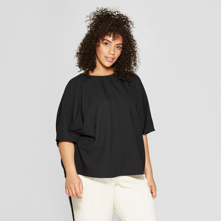 Women's Plus Size Pintuck Elbow Sleeve Boxy T-shirt - Who What Wear Black