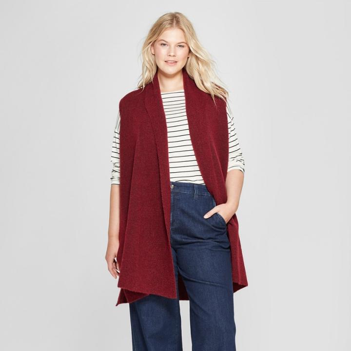Women's Plus Size Collar Knit Vest - A New Day Burgundy (red)