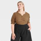 Women's Plus Size Striped Puff Elbow Sleeve Henley Shirt - Who What Wear Brown